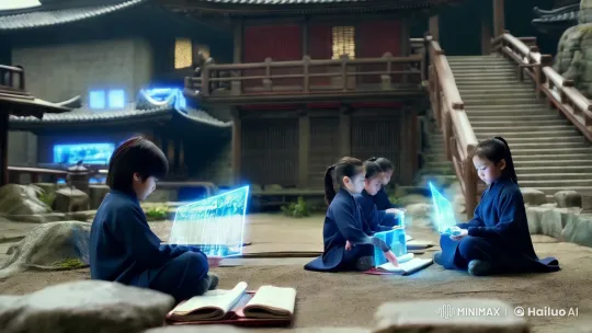 Cyber Ninja Academy: Futuristic Village of Studious Children – AI Generated Video | Hailuo AI