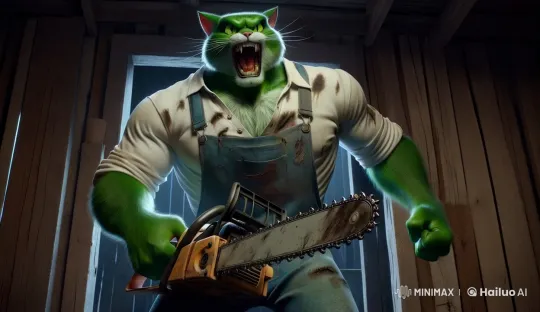 Green Cat humanoid with Chainsaw in Tense Cabin – AI Generated Video | Hailuo AI