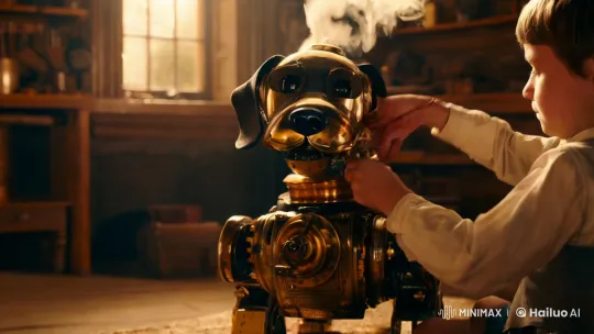 Child Winding Up Steam-Powered Robot in Workshop – AI Generated Video | Hailuo AI