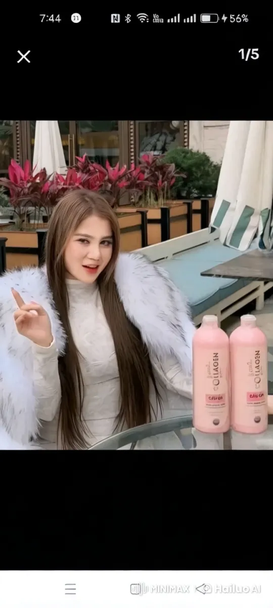 Woman Showcases Hair with Glamorous Collagen Shampoo in Nature Setting – AI Generated Video | Hailuo AI