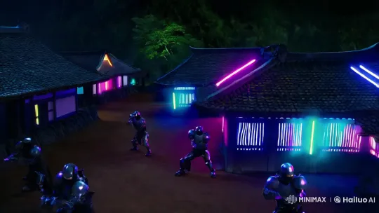 Cyber Ninja Village Training Scene with Neon Aesthetics – AI Generated Video | Hailuo AI