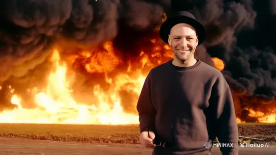 Man Walks Calmly Towards Camera Amidst Dramatic Explosion – AI Generated Video | Hailuo AI