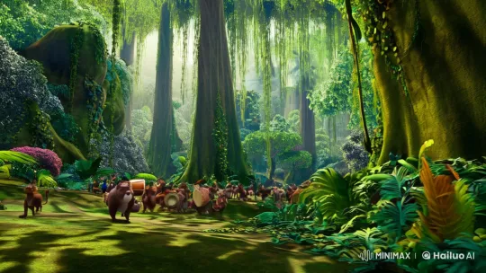 Jungle Celebration: Animals Dance in Sunlit Clearing – AI Generated Video | Hailuo AI
