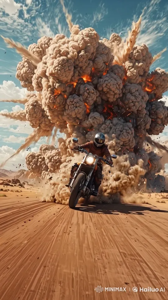 Minion Surprises Motorcyclist Amidst Desert Explosion – AI Generated Video | Hailuo AI