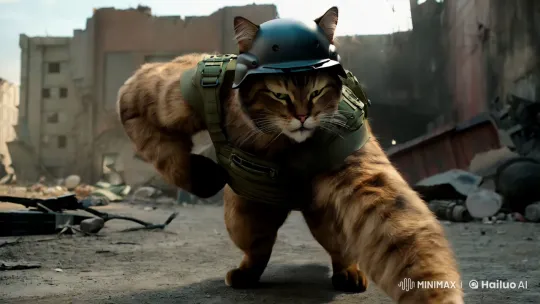 Muscular Cat in Military Gear in Post-Apocalyptic Setting – AI Generated Video | Hailuo AI