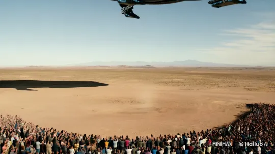 Futuristic Spaceship Lands in Desert Town Amidst Anticipation – AI Generated Video | Hailuo AI