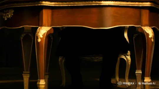 Mysterious Man in Dramatic Lighting at Wooden Table – AI Generated Video | Hailuo AI