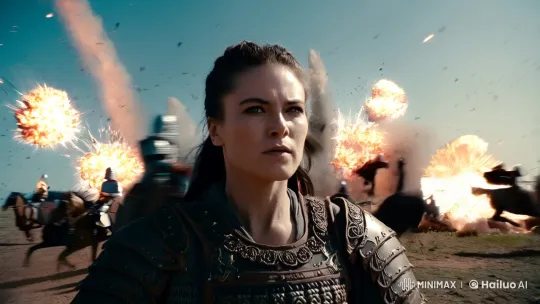 Female Warrior Rescues Child Amidst Battlefield Chaos – AI Generated Video | Hailuo AI