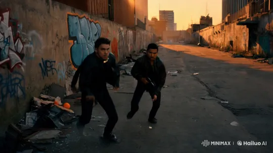 Dusk Standoff in Gritty Urban Landscape – AI Generated Video | Hailuo AI