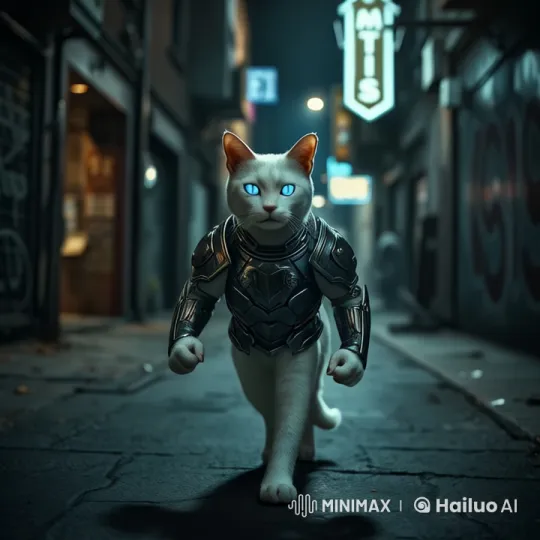 White Cat Superhero Strides Through Nocturnal Alley – AI Generated Video | Hailuo AI