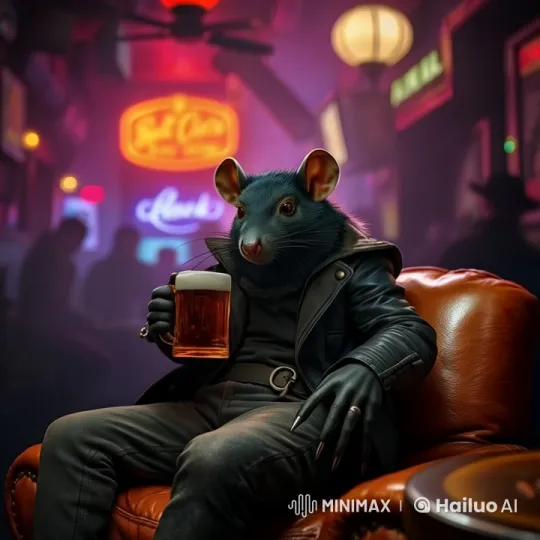 Anthropomorphic Rat Enjoying Beer in Neon-Lit Bar – AI Generated Video | Hailuo AI