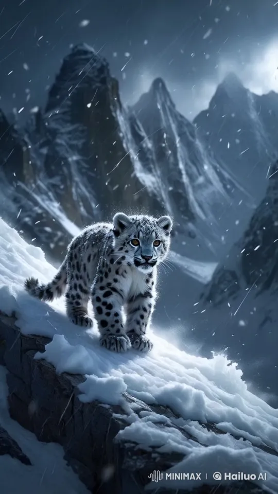 Snow Leopard in Winter Mountainscape – AI Generated Video | Hailuo AI