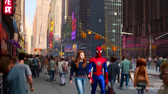 Spider-Man and Gwen stroll through vibrant cityscape – AI Generated Video | Hailuo AI