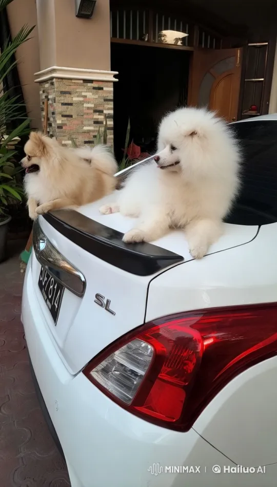 Fluffy Dogs Play on Car Trunk in Garden Setting – AI Generated Video | Hailuo AI