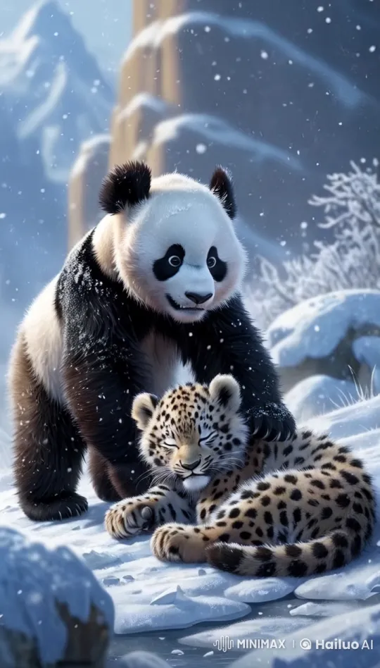 Playful Panda and Resting Leopard Cub in Winter Wonderland – AI Generated Video | Hailuo AI