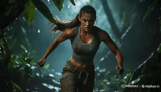 Fierce Female Adventurer Navigates Rainy Jungle at Night – AI Generated Video | Hailuo AI