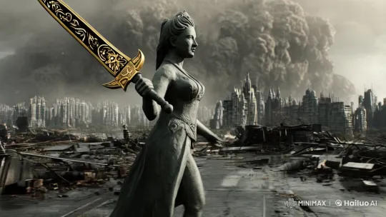 Statue of a Woman Wields Obsidian Sword Amidst Typhoon – AI Generated Video | Hailuo AI