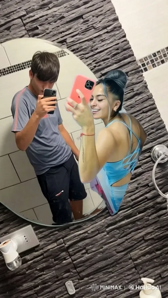 Couple Takes Affectionate Mirror Selfie in Bathroom – AI Generated Video | Hailuo AI