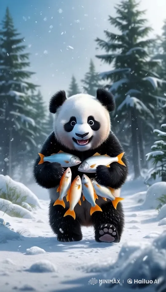Baby Panda Joyfully Walks in Snowy Forest with Fish – AI Generated Video | Hailuo AI