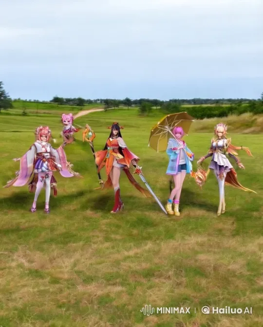 Anime Characters Dance in Grass Field – AI Generated Video | Hailuo AI