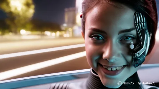 Futuristic Cityscape: Girl with Mechanical Enhancement in Modern Car – AI Generated Video | Hailuo AI