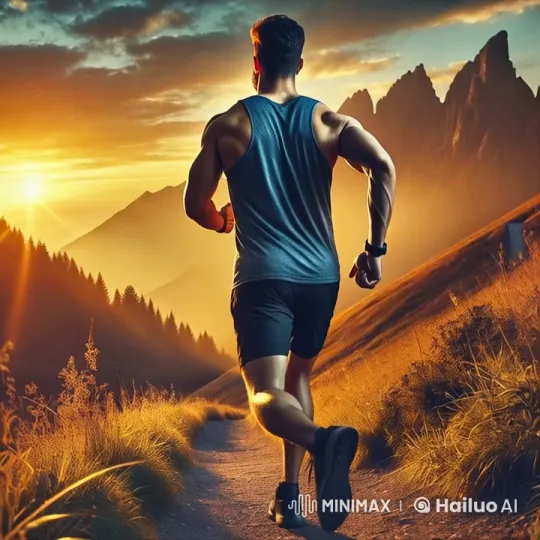 Muscular Man Running on Mountain Path at Sunset – AI Generated Video | Hailuo AI