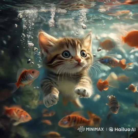 Adorable Kitten Explores Underwater World with Fish – AI Generated Video | Hailuo AI
