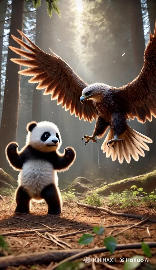 Baby Panda Curiously Watches Majestic Eagle in Forest – AI Generated Video | Hailuo AI
