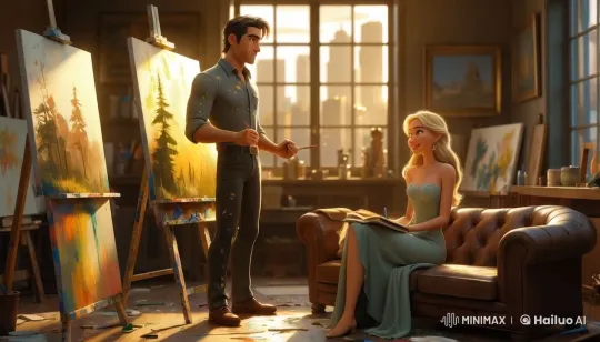 Artistic Embrace: Artist and Muse in Golden Studio – AI Generated Video | Hailuo AI
