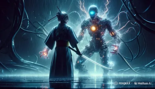 Samurai Faces Off Against Cyborg in Futuristic Showdown – AI Generated Video | Hailuo AI