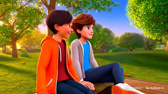 Boys on a Bench: A Serene Park Scene – AI Generated Video | Hailuo AI