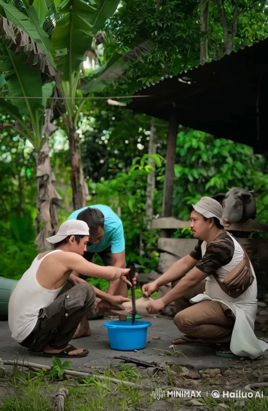 Rural Villagers Collaborate on Task in Lush Setting – AI Generated Video | Hailuo AI