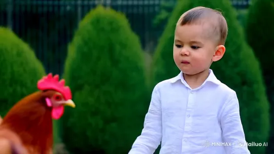 Boy Fights Chicken in Garden, Martial Arts Style – AI Generated Video | Hailuo AI