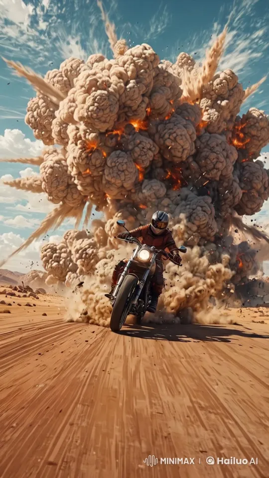 High-Speed Motorcycle Chase in Explosive Desert Landscape – AI Generated Video | Hailuo AI