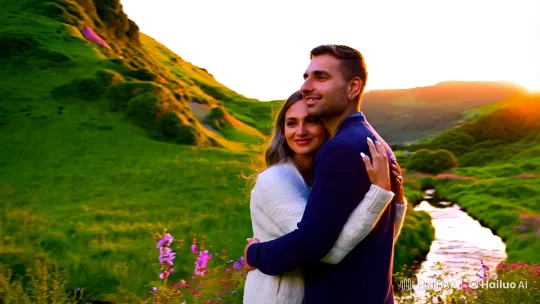 Romantic Couple Embraced in Golden Sunset Panorama – AI Generated Video | Hailuo AI