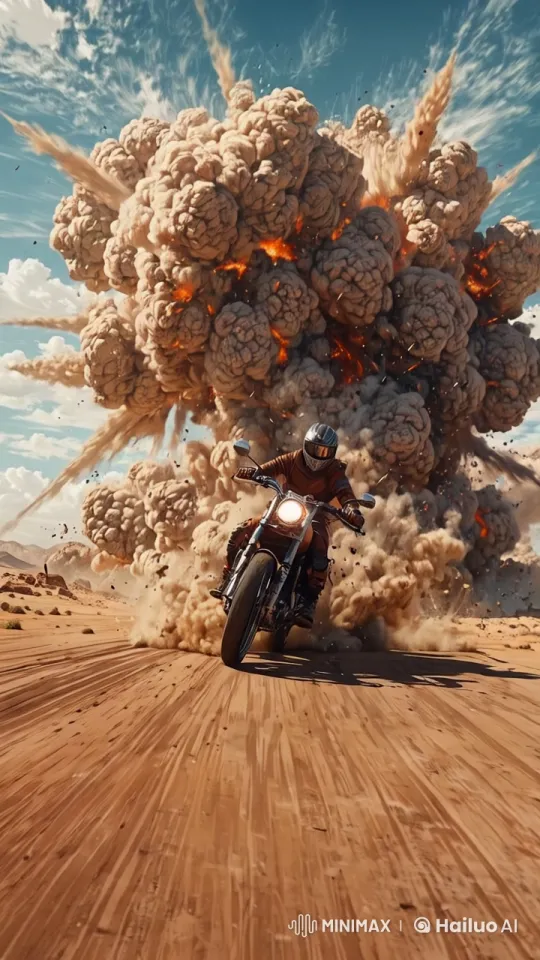 High-Speed Motorcycle Chase Through Explosive Desert – AI Generated Video | Hailuo AI