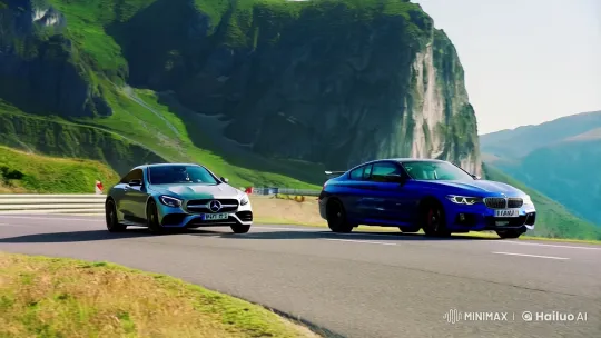 High-Speed Mountain Pass Chase: Mercedes vs. BMW – AI Generated Video | Hailuo AI