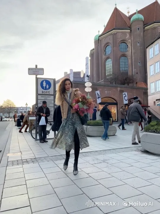 Stylish Woman Walks Through Bustling City with Flowers – AI Generated Video | Hailuo AI
