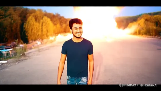 Young Man Strolls Confidently Amidst Dramatic Explosion – AI Generated Video | Hailuo AI