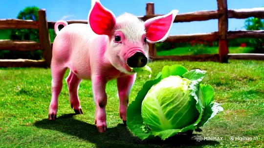 Pink Piglet Enthusiastically Devours Cabbage in Slow-Motion – AI Generated Video | Hailuo AI