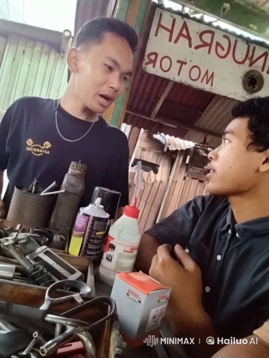 Camaraderie and Affection in a Rustic Automotive Workshop – AI Generated Video | Hailuo AI