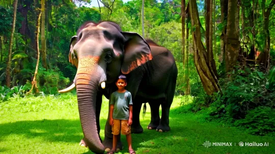 Boy and Elephant in Lush Jungle Setting – AI Generated Video | Hailuo AI