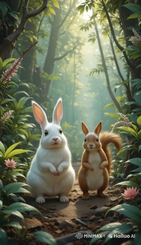 White Rabbit and Squirrel Return Home in Serene Jungle – AI Generated Video | Hailuo AI