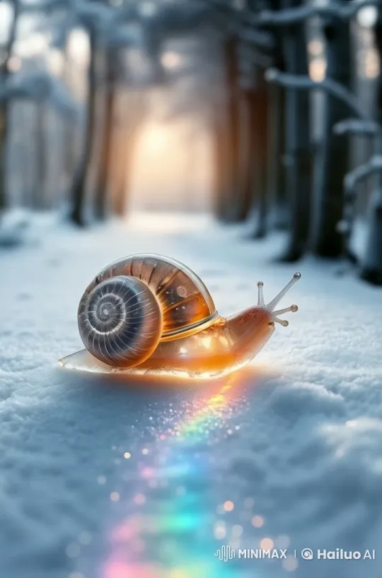Magical Snail Leaves Rainbow Trail in Snowy Forest at Sunrise – AI Generated Video | Hailuo AI