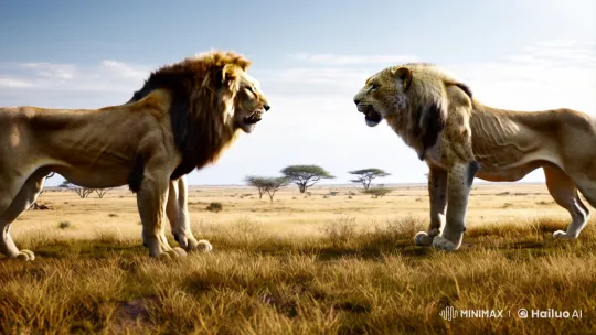 Lion and Leopard in Intense Savannah Territory Clash – AI Generated Video | Hailuo AI