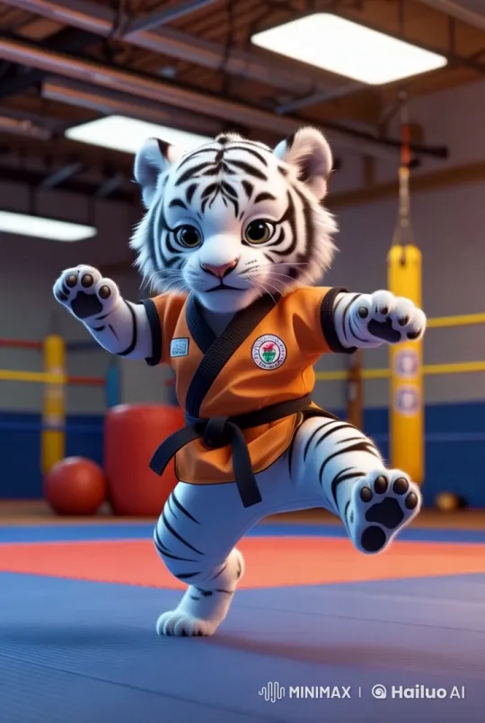 Cute White Tiger Cub Practices Taekwondo in Animated Video – AI Generated Video | Hailuo AI