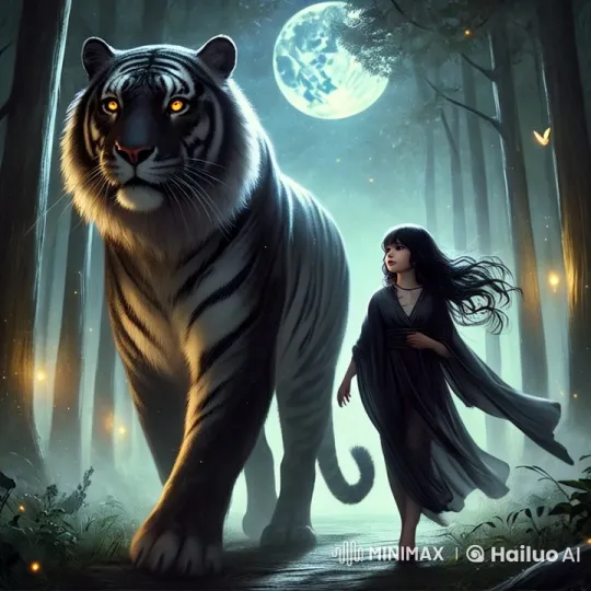 Mystical Walk: Girl and Glowing Tiger in Moonlit Forest – AI Generated Video | Hailuo AI