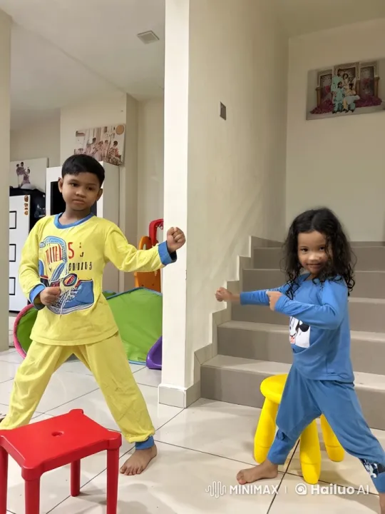 Energetic Children's Kungfu Duel in Bright Room – AI Generated Video | Hailuo AI