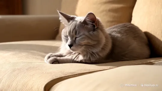 Mini Grey Cat Slumbers on Plush Sofa – AI Generated Video | Hailuo AI