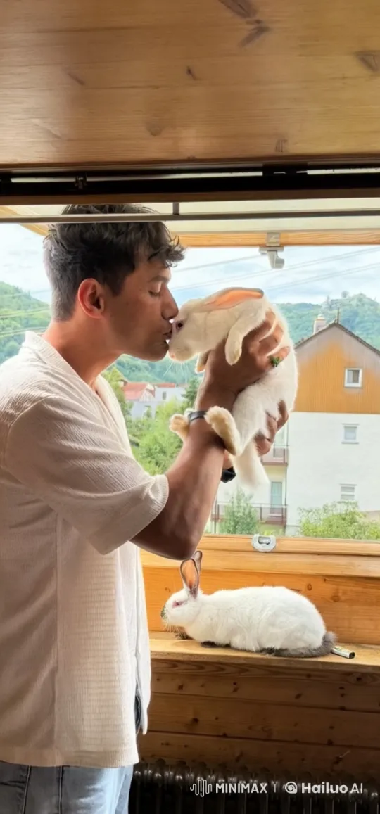 Man Bonds with Rabbits in Serene Window Scene – AI Generated Video | Hailuo AI